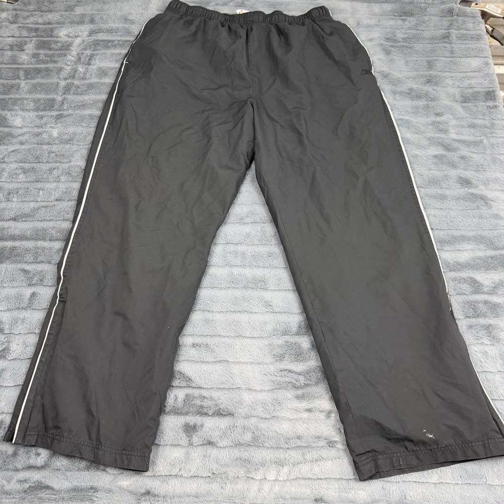 Reebok Mens XL Black Track Pants Lined Athletic White Stripe RN 69421 14259